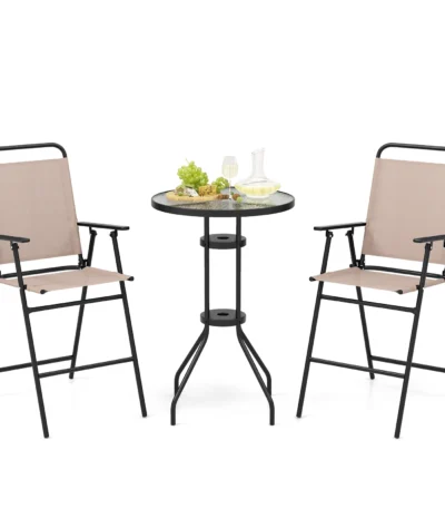 3 PCS Patio Bistro Set Folding Chairs Round Bar Table w/ 1.6" Umbrella Hole Yard 1