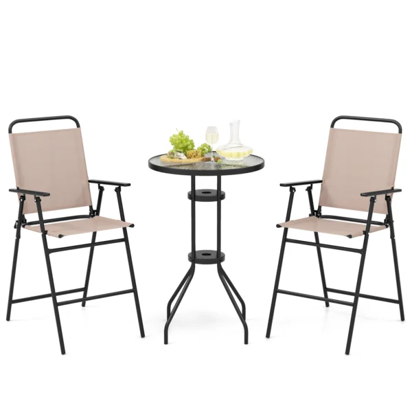 3 PCS Patio Bistro Set Folding Chairs Round Bar Table w/ 1.6″ Umbrella Hole Yard