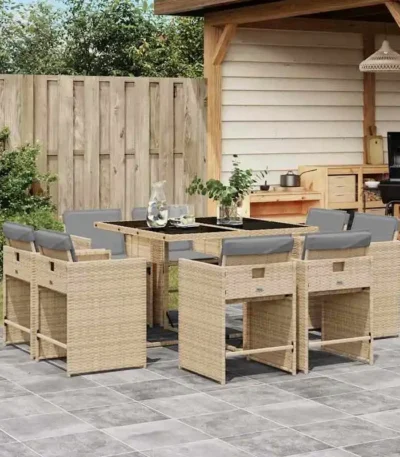 9-piece garden dining set with cushions, beige mix poly rattan 1