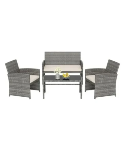 4 Piece Patio Conversation Set Rattan Chair Loveseat and Table Set-Off White 1