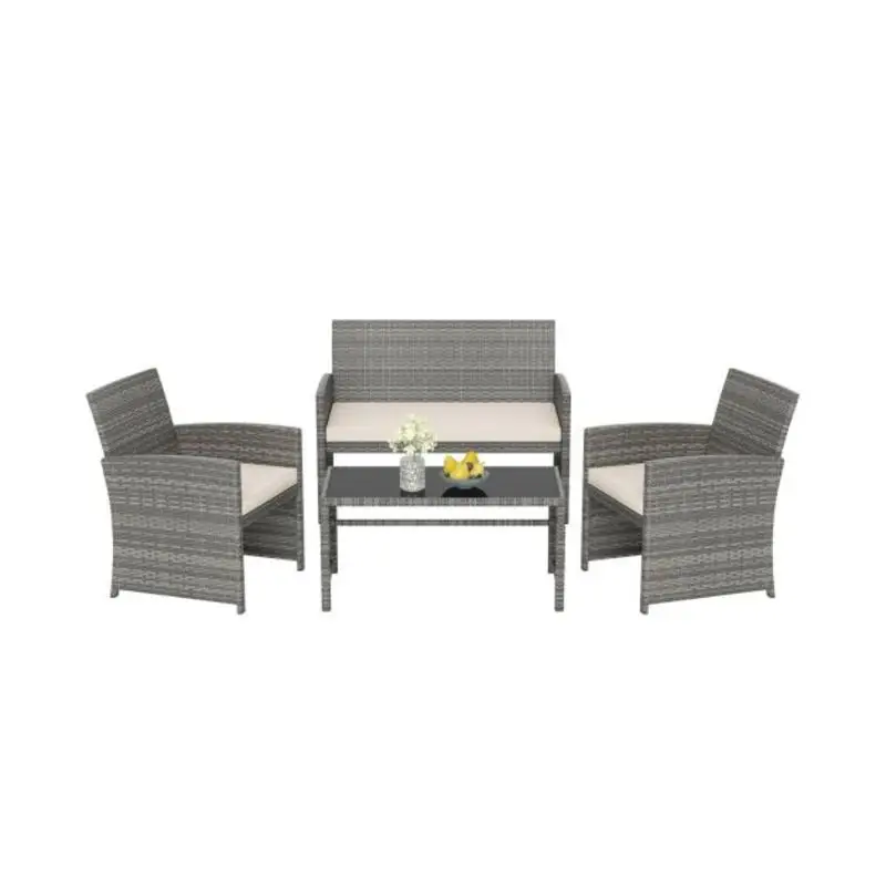4 Piece Patio Conversation Set Rattan Chair Loveseat and Table Set-Off White 4 Piece Patio Conversation Set Rattan Chair Loveseat and Table Set-Off White