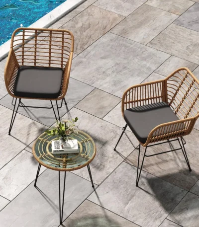 3-Piece Bistro Set for Garden – Weather-Resistant Synthetic Rattan – Includes 2 Chairs with Cushions and 1 Table – Easy to Clean – Ideal for Balcony Terrace Patio 1