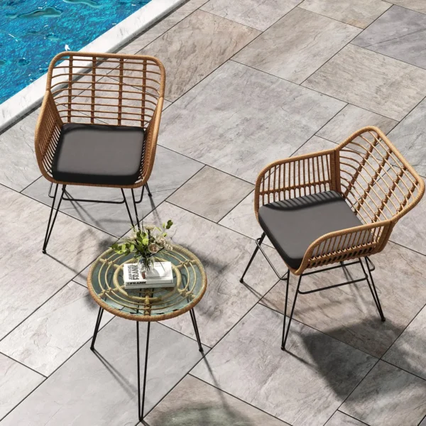 3-Piece Bistro Set for Garden – Weather-Resistant Synthetic Rattan – Includes 2 Chairs with Cushions and 1 Table – Easy to Clean – Ideal for Balcony Terrace Patio