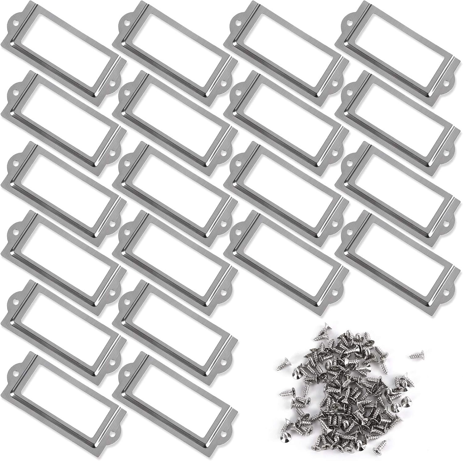 20 Pcs 80 x 35mm Silver Metal Library Office File Drawer Cabinet Shelves Card Label Holder Frames with Screws for Drawer Box Repair Decoration Card Tag Label - Image 2