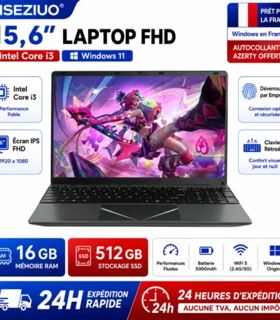 15.6-inch Full HD IPS Laptop with Intel Core i3, Windows 11 Pro, 16 GB RAM, 512 GB SSD, Wi‑Fi 5, Bluetooth 5.0, French keyboard, keyboard protective film, fingerprint reader, lightweight laptop for students, work, and desk use, 1920x1080 display 1