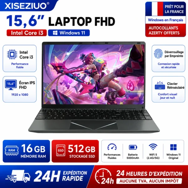 15.6-inch Full HD IPS Laptop with Intel Core i3, Windows 11 Pro, 16 GB RAM, 512 GB SSD, Wi‑Fi 5, Bluetooth 5.0, French keyboard, keyboard protective film, fingerprint reader, lightweight laptop for students, work, and desk use, 1920×1080 display