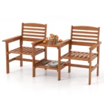 Outdoor Patio Loveseat with Table, Wood 2-Seat Conversation Set with Coffee Table and Umbrella Hole, Outdoor Furniture Set