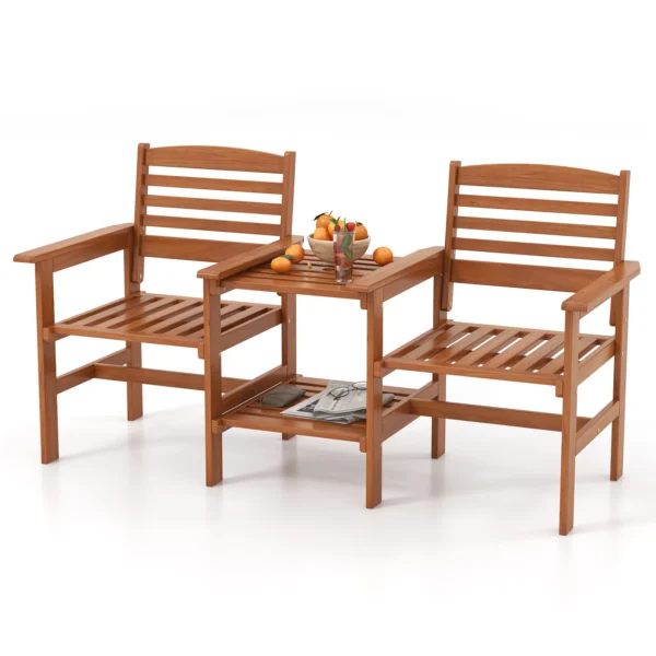 Outdoor Patio Loveseat with Table, Wood 2-Seat Conversation Set with Coffee Table and Umbrella Hole, Outdoor Furniture Set