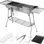 Charcoal Grill Stainless Steel, Portable Camping Grill BBQ with Double Folding Wings, non-stick Pan, Adjustable Ventilation