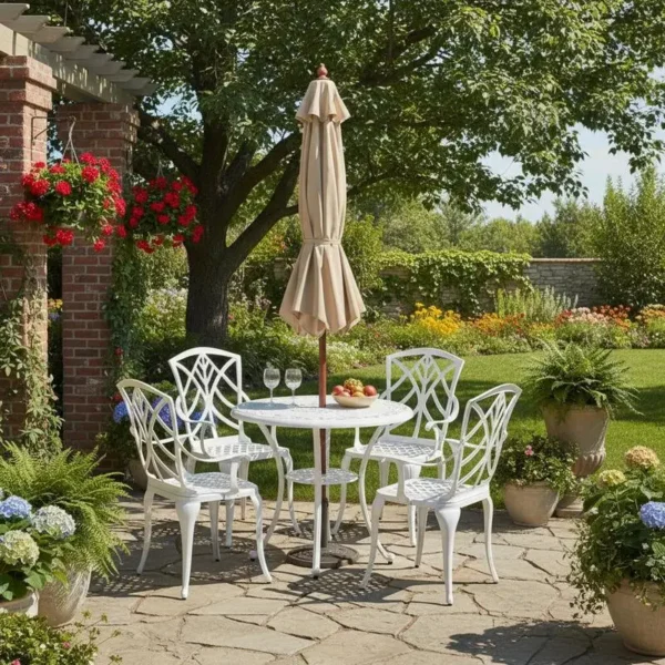 5-piece garden furniture set made of cast aluminum including 4 chairs & 1 table with umbrella hole garden furniture