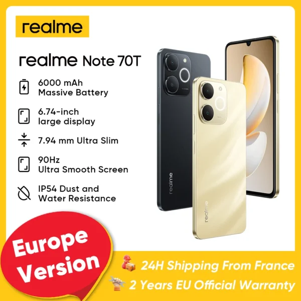 Realme Note 70 Pokemon pinata 4G Smartphone, Unisoc T7250 octa-core, battery 6000mAh, screen 90Hz x 1600Pixels inches, 15W fast charge, camera 50 MP, android 15 IP54 portable phone