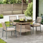 5-piece rattan garden furniture set, round tempered glass table and 4 armchairs for terrace or balcony