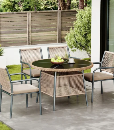 5-piece rattan garden furniture set, round tempered glass table and 4 armchairs for terrace or balcony 1