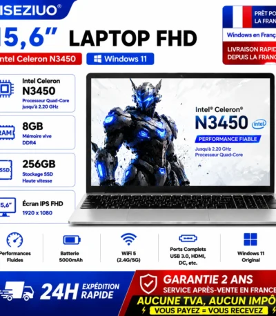 15.6-inch FHD IPS Laptop with Intel Celeron N3450, 8 GB RAM, 256 GB SSD, DDR4, Windows 11, French AZERTY Keyboard Included, Wi‑Fi, Bluetooth, HDMI, USB 3.0, for Students, Desk, Remote Work, Fast Delivery from France, No VAT, No Tax, 2-Year Warranty 1