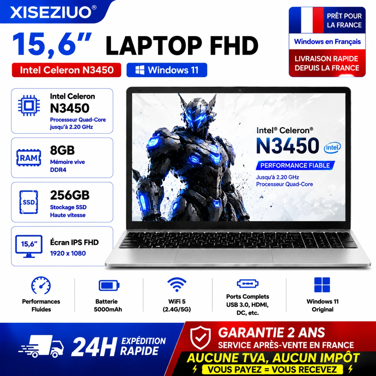 15.6-inch FHD IPS Laptop with Intel Celeron N3450, 8 GB RAM, 256 GB SSD, DDR4, Windows 11, French AZERTY Keyboard Included, Wi‑Fi, Bluetooth, HDMI, USB 3.0, for Students, Desk, Remote Work, Fast Delivery from France, No VAT, No Tax, 2-Year Warranty 15.6-inch FHD IPS Laptop with Intel Celeron N3450, 8 GB RAM, 256 GB SSD, DDR4, Windows 11, French AZERTY Keyboard Included, Wi‑Fi, Bluetooth, HDMI, USB 3.0, for Students, Desk, Remote Work, Fast Delivery from France, No VAT, No Tax, 2-Year Warranty
