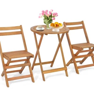 3 PCS Folding Patio Bistro Set Solid Acacia Wood Table & Chairs Slatted Tabletop 1