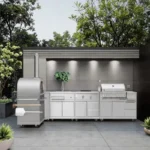 Custom 304 Stainless Steel Movable Modular Outdoor Kitchen BBQ Island Fireproof Cabinet Set With Drawers Hot Sale For Catering