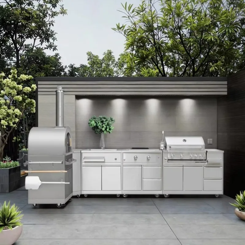 Custom 304 Stainless Steel Movable Modular Outdoor Kitchen BBQ Island Fireproof Cabinet Set With Drawers Hot Sale For Catering Custom 304 Stainless Steel Movable Modular Outdoor Kitchen BBQ Island Fireproof Cabinet Set With Drawers Hot Sale For Catering
