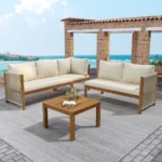 Outdoor Corner Sofa & Coffee Table Set Wood Frame & Tabletop Handwoven Rope Design Weather Resistant Patio Conversation Set
