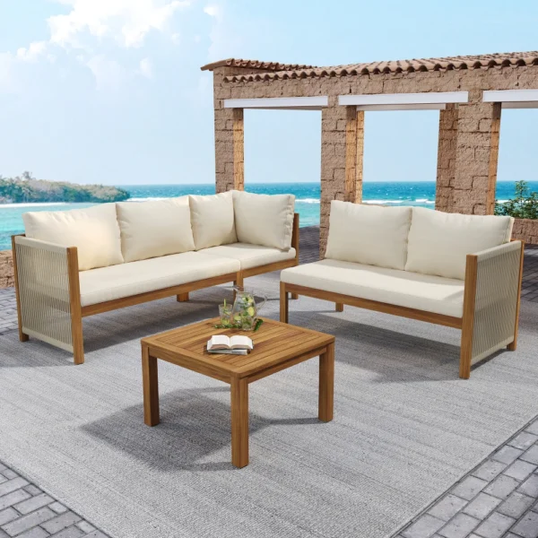Outdoor Corner Sofa & Coffee Table Set Wood Frame & Tabletop Handwoven Rope Design Weather Resistant Patio Conversation Set