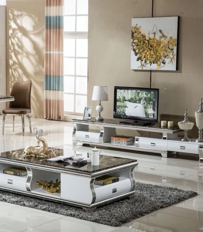 Linlamlim Stylish Living Room Furniture Set with Marble Stainless Steel Foldable TV Stand and Coffee Table TV Table Centro Table 1