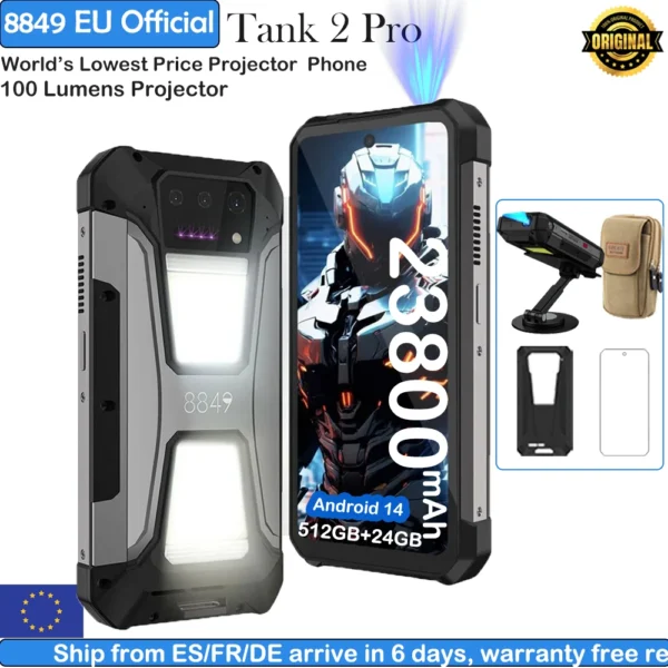 8849 Tank 2 PRO Unihertz Projector Rugged Smartphone 23800mAh  2.4K Display 24GB 512GB Mobile Phone 120W Android 14 Phone