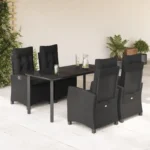 5-piece garden dining set with cushions, black poly rattan