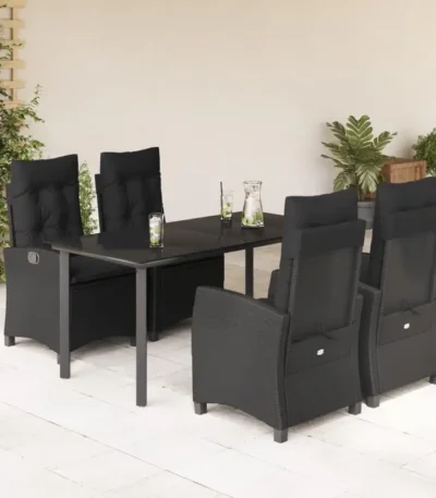 5-piece garden dining set with cushions, black poly rattan 1