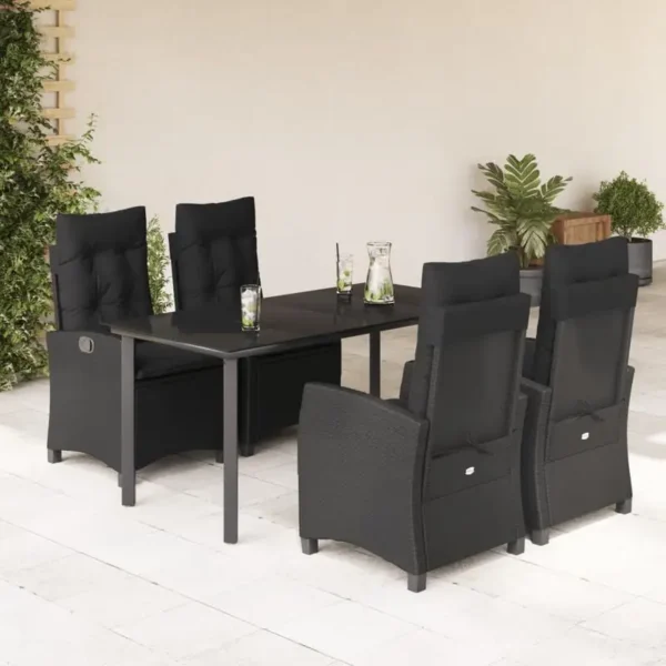 5-piece garden dining set with cushions, black poly rattan