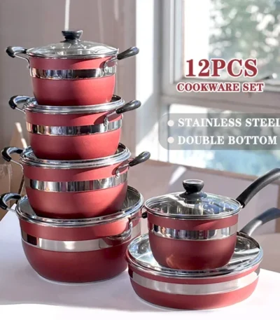 wholesale stainless steel 12pcs cookware set polishing Thickened double bottom stock pots and pans juego de ollas casseroles 1