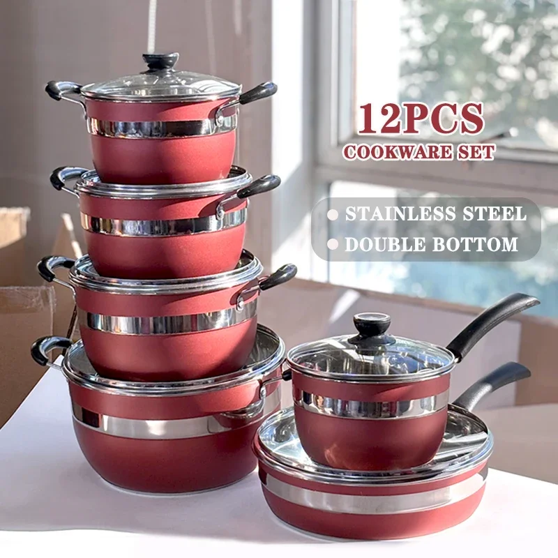 wholesale stainless steel 12pcs cookware set polishing Thickened double bottom stock pots and pans juego de ollas casseroles wholesale stainless steel 12pcs cookware set polishing Thickened double bottom stock pots and pans juego de ollas casseroles