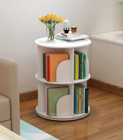 2/4-Tier Wooden Rotatable Bookshelf - 360°Display Floor Standing Storage Rack, White Multifunctional Bookshelf Organizer 1
