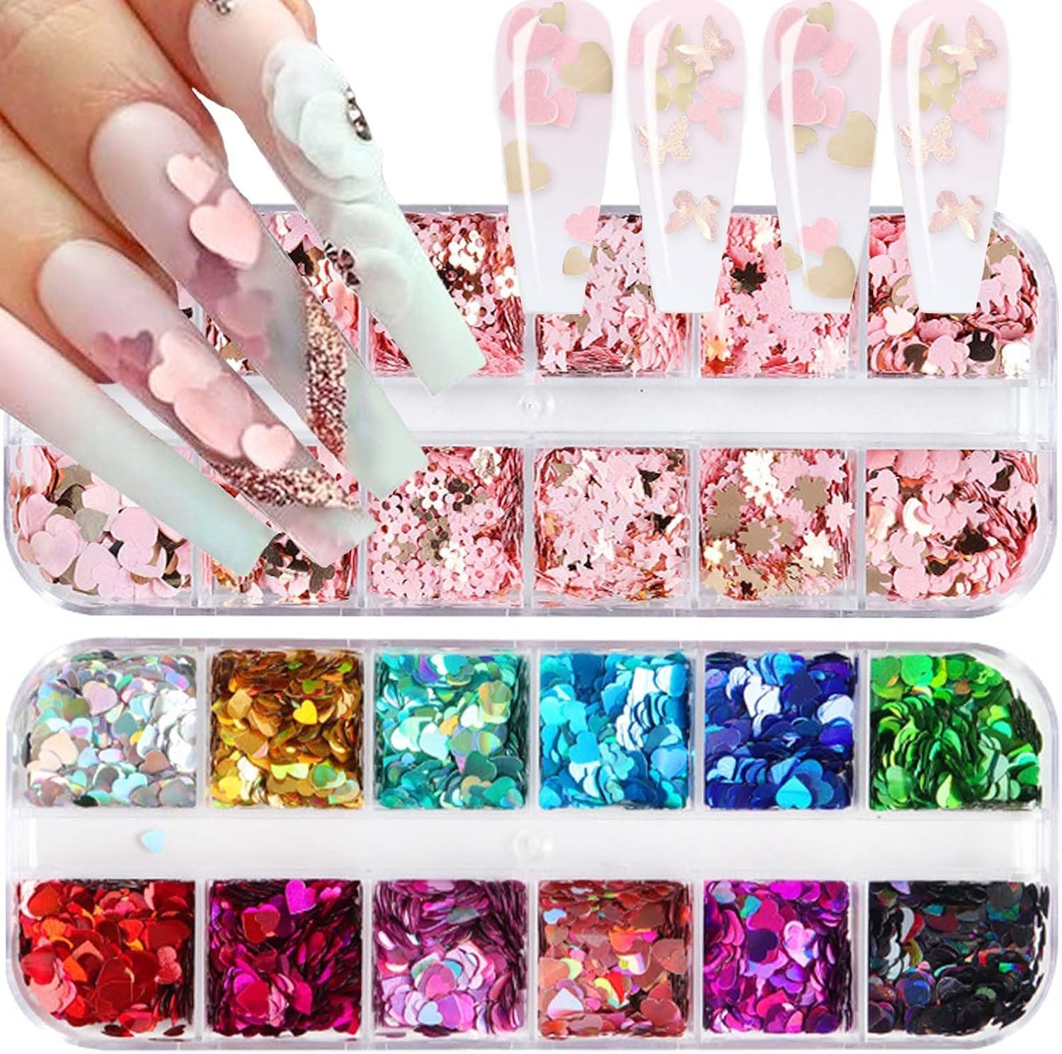 24Grid Heart Glitter Sequins Holographic Gold Pink Flower Butterfly Nail Art Accessories - Valentine's Day Flakes Colorful Acrylic Decoration for Women - Image 2