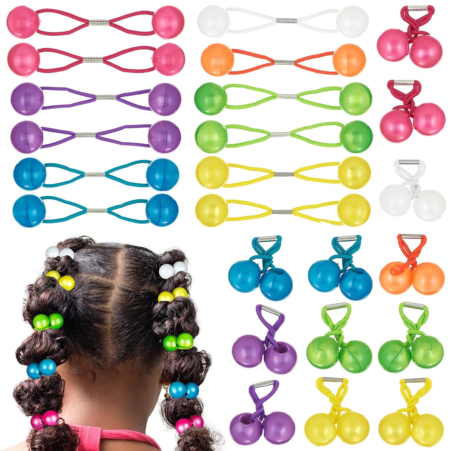 24pc Marble Finish Twin Bead Ponytail Ball Hair Elastics – Brightly Colored Hair Ties for Girls & Toddlers | Fun Kids Hair Accessories | Colorful Ponytail Balls Cute - Image 2