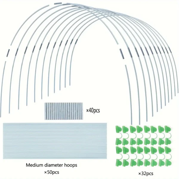 Greenhouse hoops suitable for DIY or wider plant tunnels, rust resistant fiberglass poles, and plant supported garden stakes
