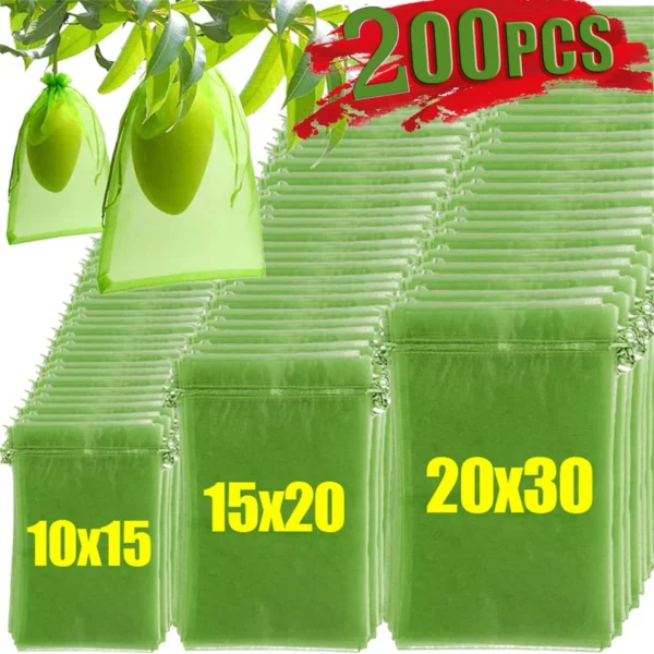 200Pcs Reusable Fruit Protection Net Bags Drawstring Green Gardening Pest Barrier Cover for Trees Vegetables Grapes Strawberries