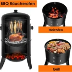 Smoker Oven, 3in1 Grill Charcoal Smoker Barrel Water Smoker, Round Smoking BBQ w/ Lid and Thermometer, 2 Stainless Steel Grates