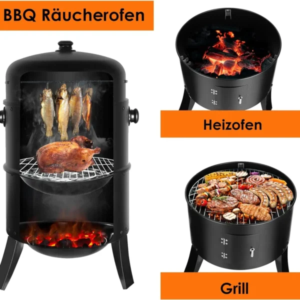 Smoker Oven, 3in1 Grill Charcoal Smoker Barrel Water Smoker, Round Smoking BBQ w/ Lid and Thermometer, 2 Stainless Steel Grates