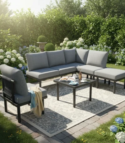 6 PCS All-Weather Patio Furniture Set, Hand-Woven Rope Lounge Chairs with Rust-Proof Galvanized Iron Frame, Smooth Glass Top Table & Adjustable Foot Pads, Full Seat and Back Cushions for Garden Balcony Courtyard Outdoor Leisure Use 1