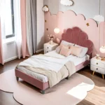 Rosahqnda Children bed Single bed girls Height Adjustable Headboard Floral Headboard Upholstered bed Children Velour