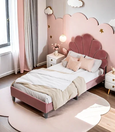 Rosahqnda Children bed Single bed girls Height Adjustable Headboard Floral Headboard Upholstered bed Children Velour 1