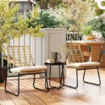 3-Piece Rattan Patio Bistro Set for 2, Outdoor Balcony Furniture with 2 Stackable Chairs & Cushions, Small Garden Table, Weather-Resistant PE Wicker, UV-Protected, Beige & Brown