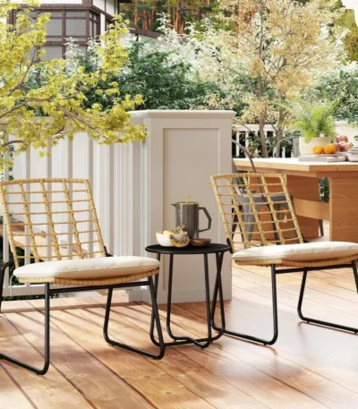 3-Piece Rattan Patio Bistro Set for 2, Outdoor Balcony Furniture with 2 Stackable Chairs & Cushions, Small Garden Table, Weather-Resistant PE Wicker, UV-Protected, Beige & Brown 1