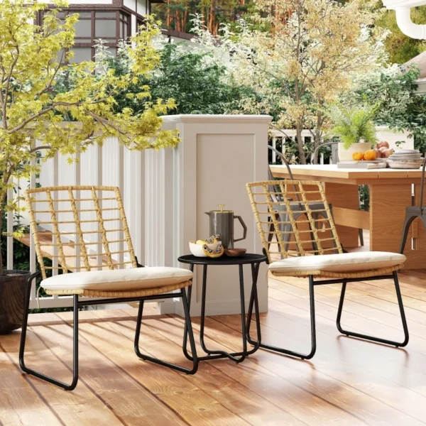3-Piece Rattan Patio Bistro Set for 2, Outdoor Balcony Furniture with 2 Stackable Chairs & Cushions, Small Garden Table, Weather-Resistant PE Wicker, UV-Protected, Beige & Brown