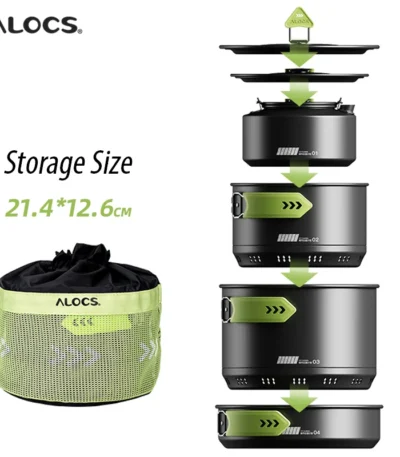 Alocs CW-C65 Camping Cookware Pots Fry Pan Water Kettle Set Compact Mess Kit Gear For Backpacking Travel Picnic Aluminum Alloy 1