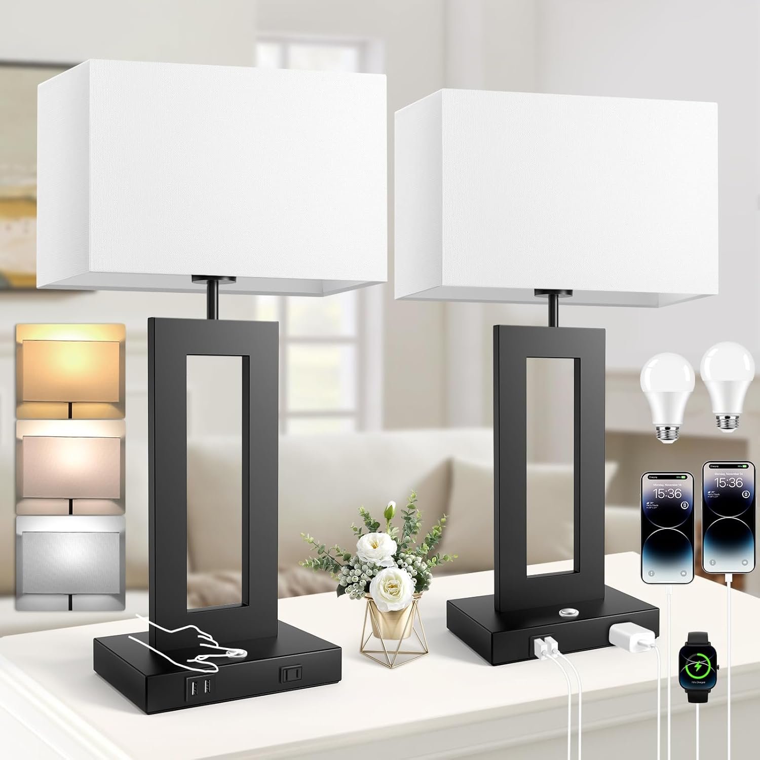 3 Color Temperatures Table Lamps for Bedrooms Set of 2, 22’’ Touch Control Bedside Nightstand Lamps with 2 USB Ports & AC Outlet, Stepless Dimmable Lamps with White Shade, Modern Decor for Living Room - Image 2