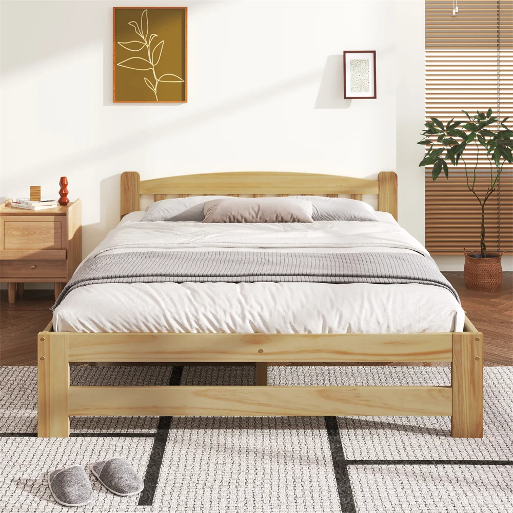 Solid wood bed 140×200 cm, futon bed, double bed with headboard and slatted frames, youth bed, natural, without mattress Solid wood bed 140×200 cm, futon bed, double bed with headboard and slatted frames, youth bed, natural, without mattress