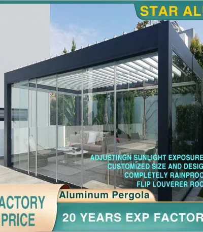 Aluminum Bioclimatic Pergola with Adjustable Louvers and Glass Sliding Doors – Ideal for Rooftop Lounges or Modern Balconies 1