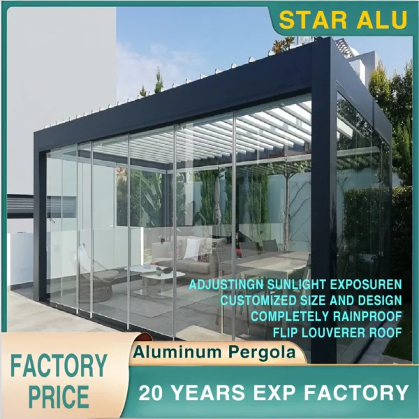 Aluminum Bioclimatic Pergola with Adjustable Louvers and Glass Sliding Doors – Ideal for Rooftop Lounges or Modern Balconies