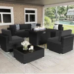 8 Pieces Patio Furniture Set with 44″ Propane Gas Fire Pit Table, Outdoor Sectional Wicker Conversation Sofa Sets with Coffee Ta